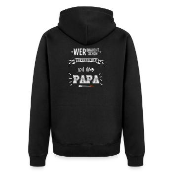 Wer braucht Superhelden | Vatertag Geschenk - Unisex Premium Bio Zip Hoodie - Schwarz - Hinten - Nico (187cm)