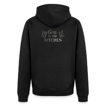God in the Kitchen in Gray Kitchen and Cooking - Unisex Premium Organic Zip Hoodie - black - Back - Nico (187cm)