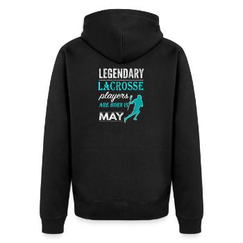 Lacrosse Legends are born in May - Unisex Premium Organic Zip Hoodie - black - Back - Nico (187cm)