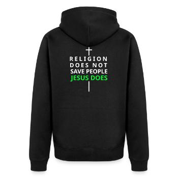 Jesus rettet dich - Unisex Premium Bio Zip Hoodie - Schwarz - Hinten - Nico (187cm)