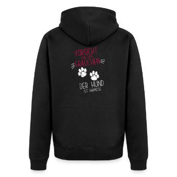 Vorsicht vor dem Frauchen der Hund ist harmlos - Unisex Premium Bio Zip Hoodie - Schwarz - Hinten - Nico (187cm)