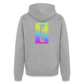 Bande Cassette Rétro produit | Néon des années 80 et 90 - Veste à capuche bio Premium Unisexe - gris chiné - Dos - Nico (187cm)