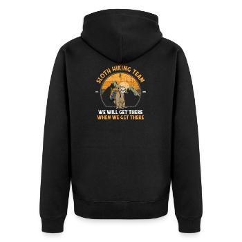 Faultier Wanderteam Wir werden dort ankommen, wenn wir ankommen - Unisex Premium Bio Zip Hoodie - Schwarz - Hinten - Nico (187cm)