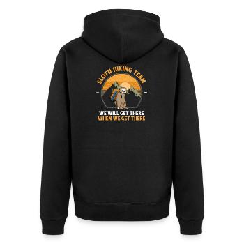 Faultier Wanderteam Wir werden dort ankommen, wenn wir ankommen - Unisex Premium Bio Zip Hoodie - Schwarz - Hinten - Nico (187cm)