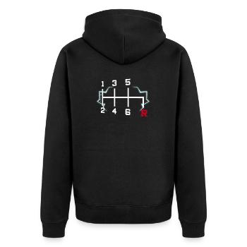 6 Geschwindigkeiten Auto Tee, Schaltgetriebe, Auto Design - Unisex Premium Bio Zip Hoodie - Schwarz - Hinten - Nico (187cm)