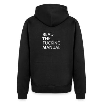 READ THE FUCKING MANUAL - Unisex Premium Bio Zip Hoodie - Schwarz - Hinten - Nico (187cm)