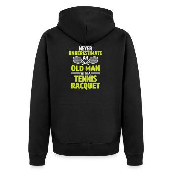 Unterschätze niemals einen alten Mann Tennis - Unisex Premium Bio Zip Hoodie - Schwarz - Hinten - Nico (187cm)