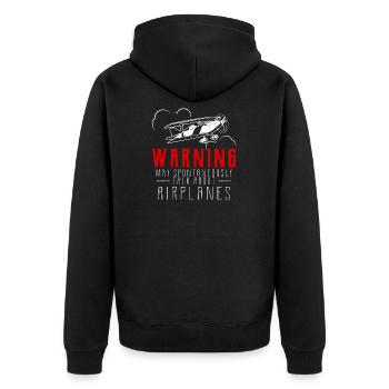 Warning Talk About Airplanes graphic, Aviation - Unisex Premium Organic Zip Hoodie - black - Back - Nico (187cm)