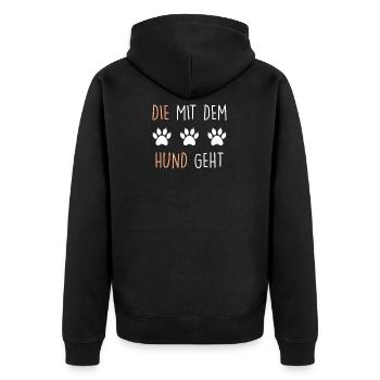 Die mit dem Hund geht Spruch tshirt für Damen - Unisex Premium Bio Zip Hoodie - Schwarz - Hinten - Nico (187cm)