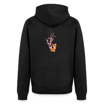 Süßes Kirschblüten Fuchs Motiv - Unisex Premium Bio Zip Hoodie - Schwarz - Hinten - Nico (187cm)