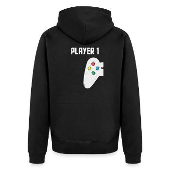 Gamer Vater Sohn Partnerlook Player 1 Player 2 - Unisex Premium Bio Zip Hoodie - Schwarz - Hinten - Nico (187cm)