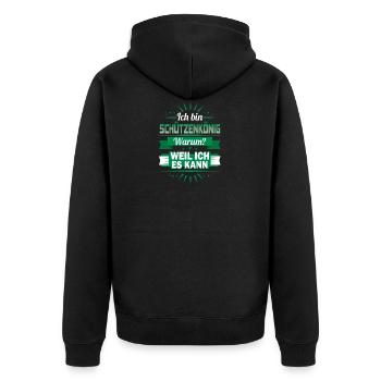 Ich bin Schützenkönig - Warum? weil ich es kann - Unisex Premium Bio Zip Hoodie - Schwarz - Hinten - Nico (187cm)