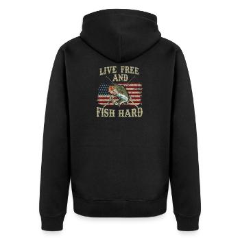 Lebe frei und fische hart patriotisches Fischen USA - Unisex Premium Bio Zip Hoodie - Schwarz - Hinten - Nico (187cm)