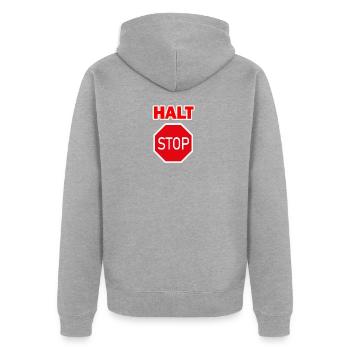 Halt Stop! - Unisex Premium Bio Zip Hoodie - Grau meliert - Hinten - Nico (187cm)