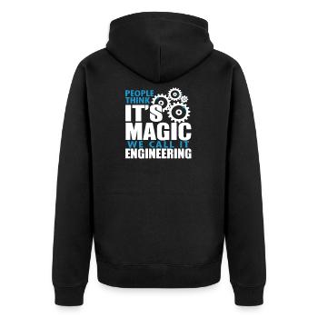 Die Leute denken, es ist Magie Wir nennen es Engineering - Unisex Premium Bio Zip Hoodie - Schwarz - Hinten - Nico (187cm)