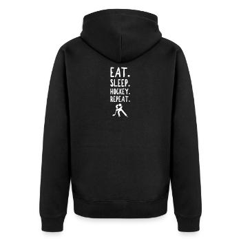 Eat. Sleep. Hockey. Repeat. Eishockey Teamsport - Unisex Premium Bio Zip Hoodie - Schwarz - Hinten - Nico (187cm)