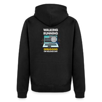 Walking Running Debugging on releas day Shirt - Unisex Premium Bio Zip Hoodie - Schwarz - Hinten - Nico (187cm)