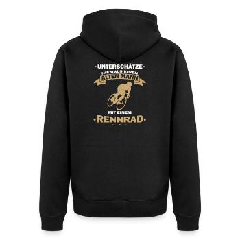 Unterschaetze niemals einen alten mann mit Rennrad - Unisex Premium Bio Zip Hoodie - Schwarz - Hinten - Nico (187cm)