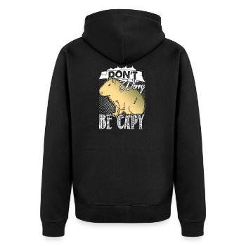 Capybara Mach dir keine Sorgen, sei Capy - Unisex Premium Bio Zip Hoodie - Schwarz - Hinten - Nico (187cm)
