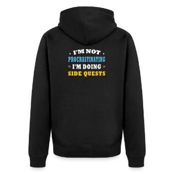 Ich zögere nicht, ich mache Nebenaufgaben - Unisex Premium Bio Zip Hoodie - Schwarz - Hinten - Nico (187cm)