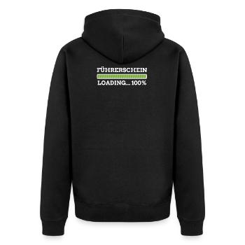 Führerschein loading 100% Auto Moped Prüfung Shirt - Unisex Premium Bio Zip Hoodie - Schwarz - Hinten - Nico (187cm)