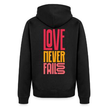 love never fails - Unisex Premium Bio Zip Hoodie - Schwarz - Hinten - Nico (187cm)
