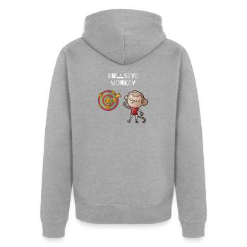 Bullseye monkey - cheeky monkey on a dartboard - Unisex Premium Organic Zip Hoodie - heather grey - Back - Nico (187cm)