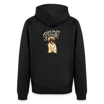 "SPIELEN?" Briard Shirt Vintage Hund Spruch Design - Unisex Premium Bio Zip Hoodie - Schwarz - Hinten - Nico (187cm)