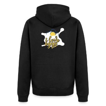 I Love Eggs - Un œuf au plat avec une inscription. - Veste à capuche bio Premium Unisexe - noir - Dos - Nico (187cm)