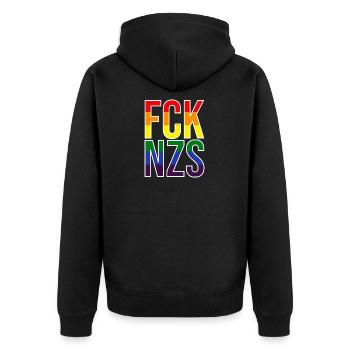 FCK NZS LGBTQ - Unisex Premium Bio Zip Hoodie - Schwarz - Hinten - Nico (187cm)