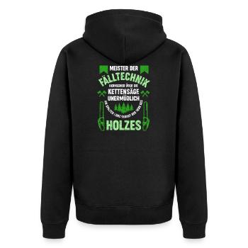 Meister der Falltechnik,Kettensäge,Herr des Holzes - Unisex Premium Bio Zip Hoodie - Schwarz - Hinten - Nico (187cm)