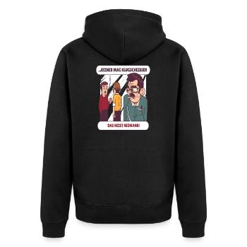 Niemand mag Klugscheisser - Unisex Premium Bio Zip Hoodie - Schwarz - Hinten - Nico (187cm)