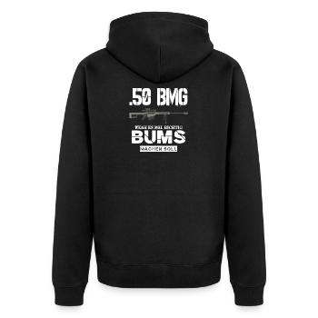 50 BMG wenn's richtig BUMS machen soll - Unisex Premium Bio Zip Hoodie - Schwarz - Hinten - Nico (187cm)