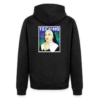 Techno Nonne - Unisex Premium Bio Zip Hoodie - Schwarz - Hinten - Nico (187cm)