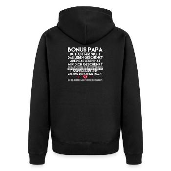 Vatertagsgeschenk Papa Bonus Vater Tochter Sohn - Unisex Premium Bio Zip Hoodie - Schwarz - Hinten - Nico (187cm)