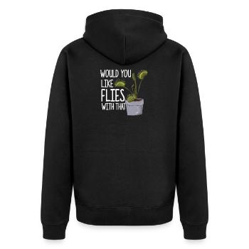 Fliegen damit - Lustige Venusfliegenfalle - Unisex Premium Bio Zip Hoodie - Schwarz - Hinten - Nico (187cm)