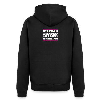die frau meines Mannes ist der Wahnsinn! - Unisex Premium Bio Zip Hoodie - Schwarz - Hinten - Nico (187cm)