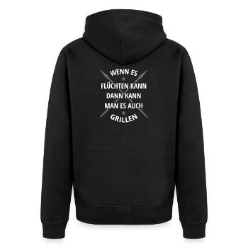 WENN ES FLÜCHTEN KANN KANN MAN ES AUCH GRILLEN - Unisex Premium Bio Zip Hoodie - Schwarz - Hinten - Nico (187cm)