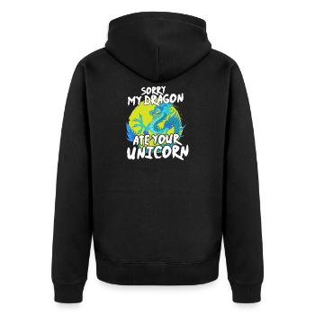 Sorry My Dragon Ate Your Unicorn Funny - Unisex Premium Bio Zip Hoodie - Schwarz - Hinten - Nico (187cm)