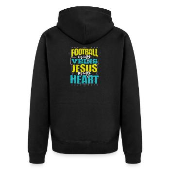 Fußballliebhaber Geschenk Fußball ist in meinen Adern Jesus - Unisex Premium Bio Zip Hoodie - Schwarz - Hinten - Nico (187cm)