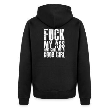 BDSM AND KINKY SLAVE GIRL QUOTE - Unisex Premium Bio Zip Hoodie - Schwarz - Hinten - Nico (187cm)