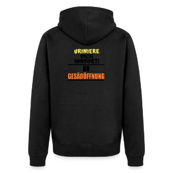Uriniere dich hinfort du Gesäßöffnung - Unisex Premium Bio Zip Hoodie - Schwarz - Hinten - Nico (187cm)