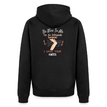 Funny Orthopedic Surgeon graphic Save Your Knee - Unisex Premium Organic Zip Hoodie - black - Back - Nico (187cm)