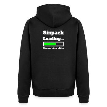 SIX PACK Sixpack Loading... Bitte warten... - Unisex Premium Bio Zip Hoodie - Schwarz - Hinten - Nico (187cm)