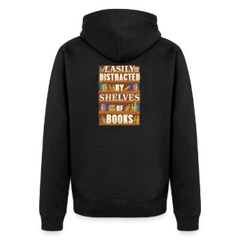 Buchliebhaber - leicht durch Bücherregale abgelenkt - Unisex Premium Bio Zip Hoodie - Schwarz - Hinten - Nico (187cm)