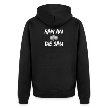 Ran an die Sau Boule Petanque Geschenk - Unisex Premium Bio Zip Hoodie - Schwarz - Hinten - Nico (187cm)