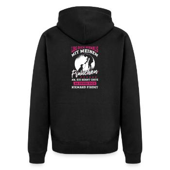Leg dich niemals mit meinem Frauchen an - Unisex Premium Bio Zip Hoodie - Schwarz - Hinten - Nico (187cm)
