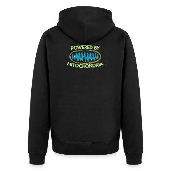 Angetrieben von Mitochondrien - nerdiges und geekiges Geschenk - Unisex Premium Bio Zip Hoodie - Schwarz - Hinten - Nico (187cm)