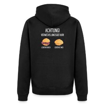 VERWECHSLUNGSGEFAHR LEBERKÄSWECK LEBERKÄS WEG HAHA - Unisex Premium Bio Zip Hoodie - Schwarz - Hinten - Nico (187cm)