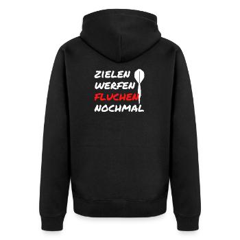 Zielen, Werfen, Fluchen und Nochmal! DARTS ON - Unisex Premium Bio Zip Hoodie - Schwarz - Hinten - Nico (187cm)